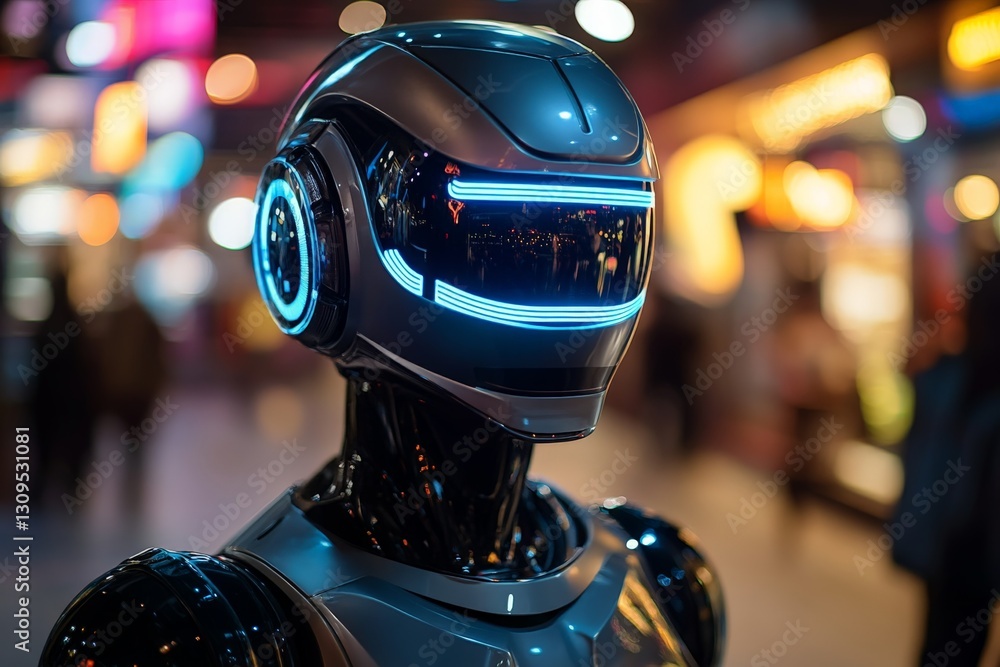 Futuristic robot with glowing blue accents in a bustling urban environment during the evening Futuristic robot with glowing blue accents in a bustling urban environment during the evening