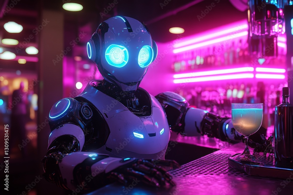 Robot bartender serving drinks in a vibrant bar with neon lights and modern decor Robot bartender serving drinks in a vibrant bar with neon lights and modern decor