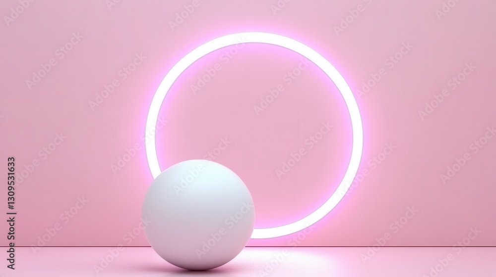 Obraz premium White sphere and pink neon circle on pink background. Minimalist product display scene. Simple geometric shapes. Soft lighting.