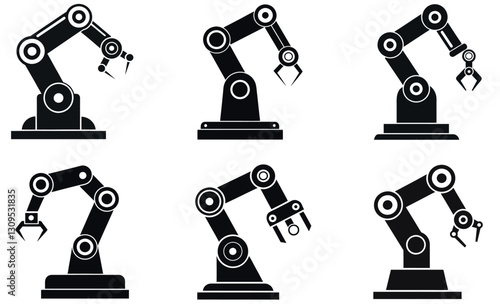 Simple black and white silhouette icons of robotic arms in various positions.