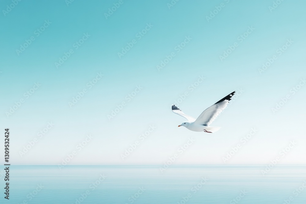 Obraz premium lone seagull soaring across vast cloudless sky with ample copy space for design showcase stillness and tranquility