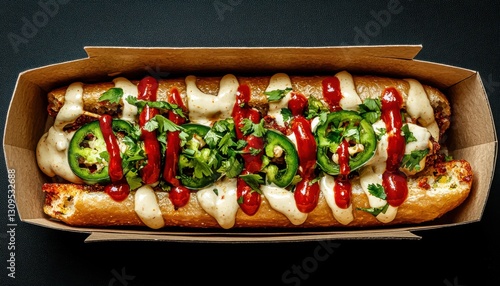 Indulge in a symphony of flavors with these Spicy loaded fries topped with melted pepper jack cheese, jalapenos, and sriracha mayo A fiery explosion of taste awaits you These delectable fries, oozing