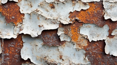 A vivid close-up of textured, rusted metal where white and gray chipped paint reveals intricate layers of oxidation beneath, creating a striking interplay of decay and beauty photo