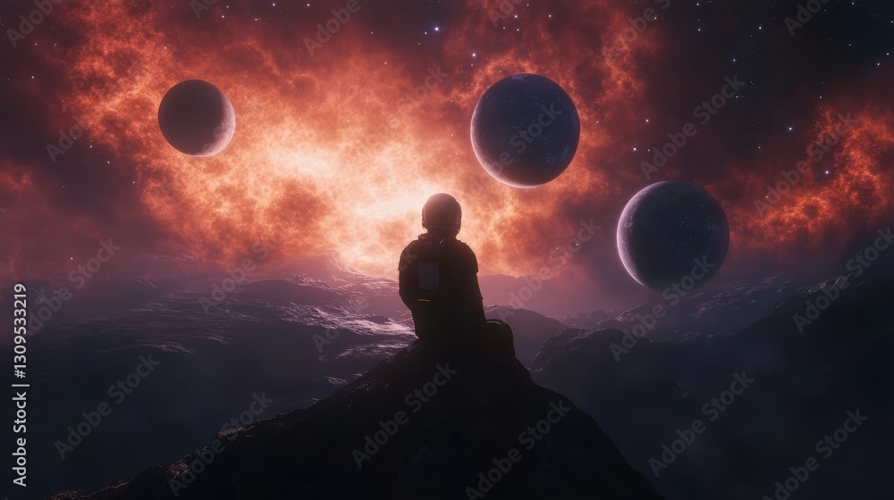 An astronaut in space looks at planets and stars An astronaut in space looks at planets and stars