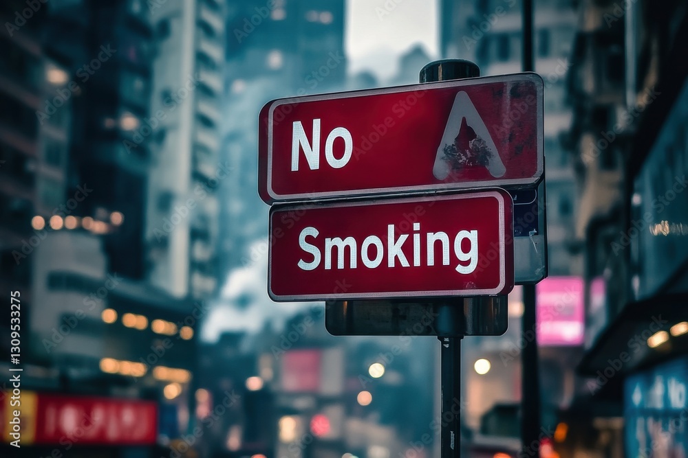 Urban No Smoking Sign Against Blurred Cityscape Background Urban No Smoking Sign Against Blurred Cityscape Background