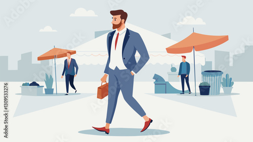 A man in a tailored blazer and sleek loafers strolls through the flea market his effortlessly cool outfit making heads turn at every booth.. Vector illustration