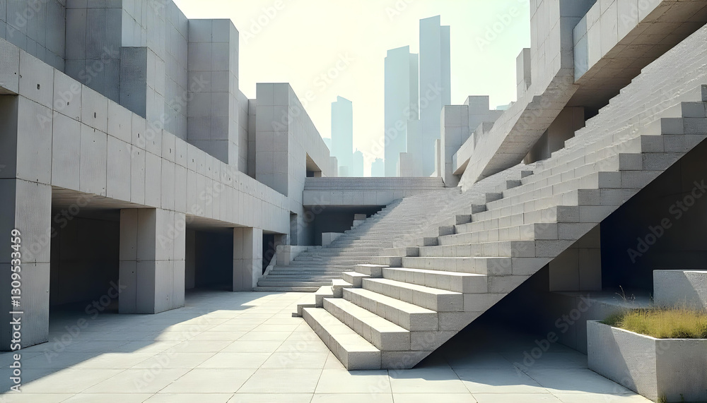 Obraz premium A brutalist architectural composition with massive, staggered stacked concrete steps forming a futuristic cityscape