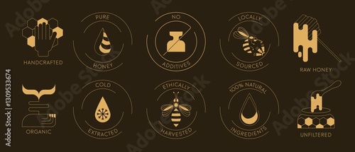 Gold quality certification icons for honey and bee products in minimalist style. illustrations for honey, wax, pollen, royal jelly, and beekeeping tools. Perfect for beekeepers, websites, branding.