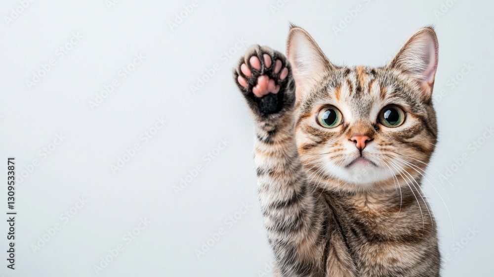 A curious tabby cat raising its paw playfully against a clean white background, ready to pounce. A curious tabby cat raising its paw playfully against a clean white background, ready to pounce.