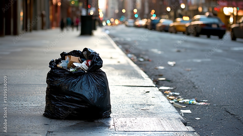 Obraz premium Overflowing trash bag on city street