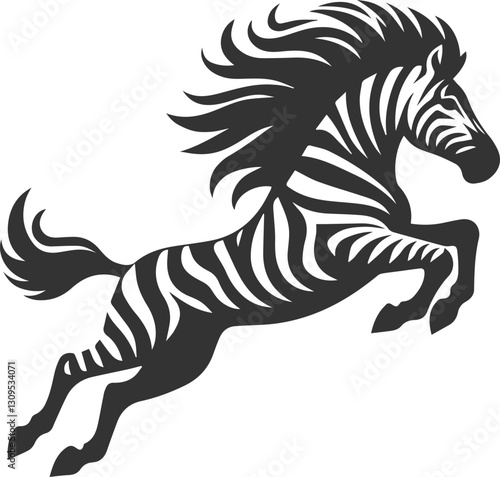 Zebra jumping with its mane flaring out out animal silhouette