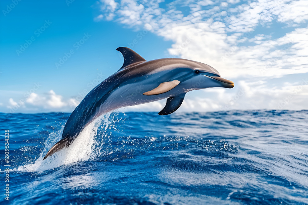 Fototapeta premium Dolphin leaping gracefully in clear blue ocean waves under bright sky