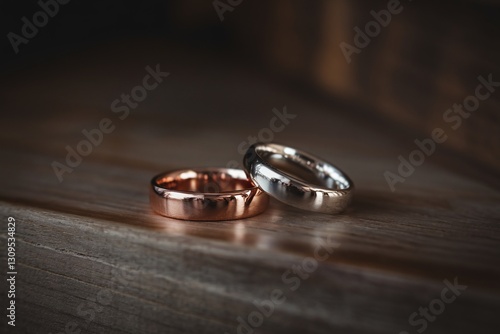Elegant rose gold and silver wedding rings resting on a wooden surface.
