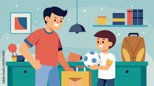 A father and son bonding over their love of sports memorabilia at a multifamily garage sale.. Vector illustration