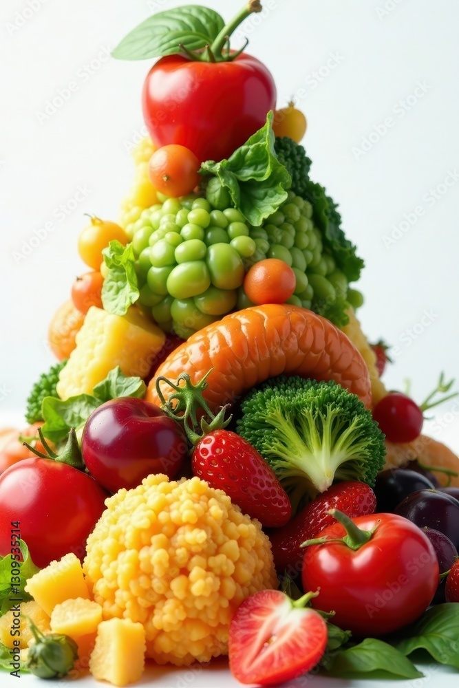 Close-up of diverse healthy foods arranged in pyramid shape, nutrition image, healthy fats Close-up of diverse healthy foods arranged in pyramid shape, nutrition image, healthy fats