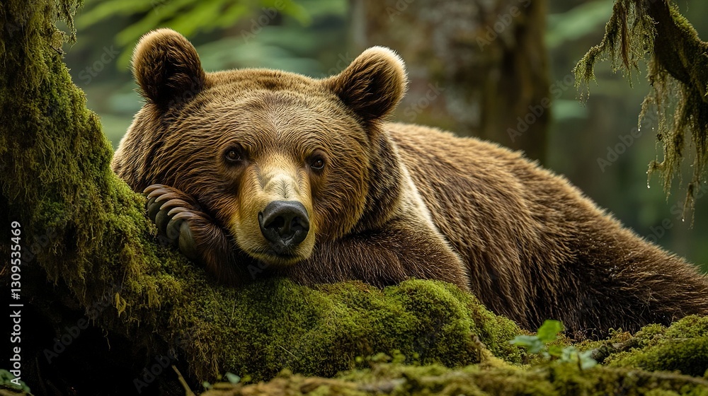 Obraz premium Brown bear resting near a moss-covered tree soft natural lighting dappled shadows creating moody depth 