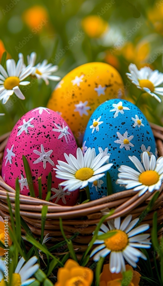 A vibrant basket overflowing with colorful eggs surrounded by fresh spring flowers A vibrant basket overflowing with colorful eggs surrounded by fresh spring flowers