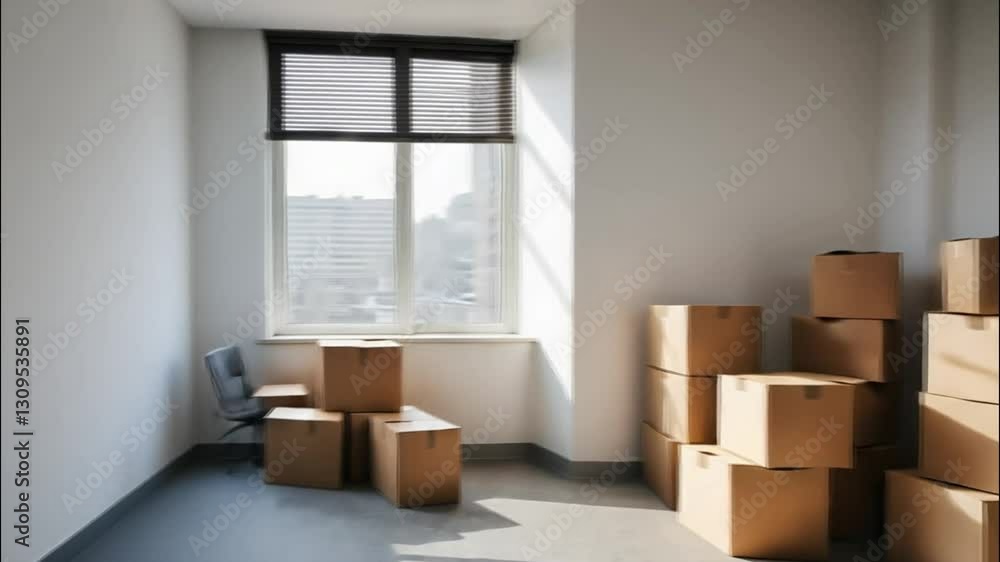 Sunlit Room with Wooden Flooring, Stacked Cardboard Boxes, and Office Chair video concept Sunlit Room with Wooden Flooring, Stacked Cardboard Boxes, and Office Chair video concept