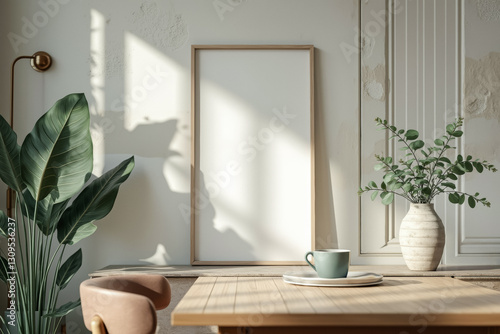 sunlit minimalist table setting with blank frame and greenery
