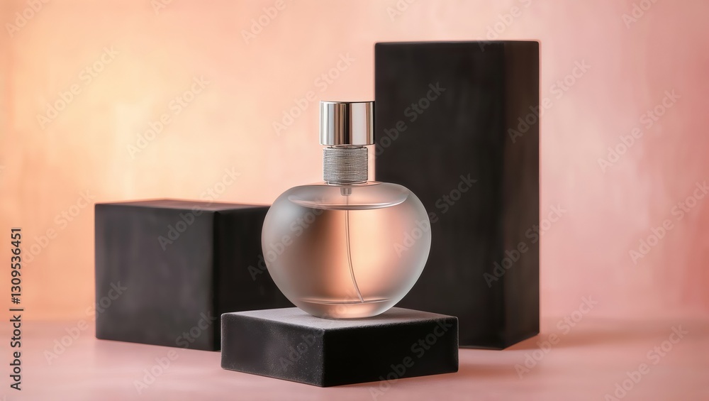 Perfume bottle display. Elegant round glass perfume bottle on black pedestal against soft coral background with packaging boxes for luxury product photography.