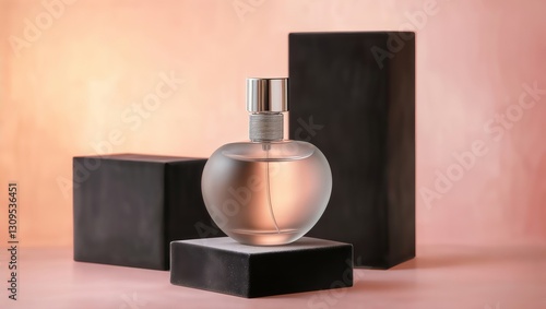 Perfume bottle display. Elegant round glass perfume bottle on black pedestal against soft coral background with packaging boxes for luxury product photography.