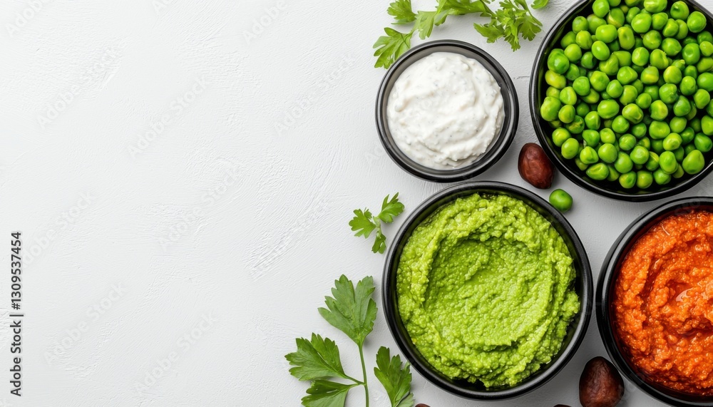 Obraz premium Elevate your healthy snacking with this vibrant veggie platter, showcasing fresh green peas alongside creamy hummus and an array of colorful dips A visually appealing and nutritious spread perfect