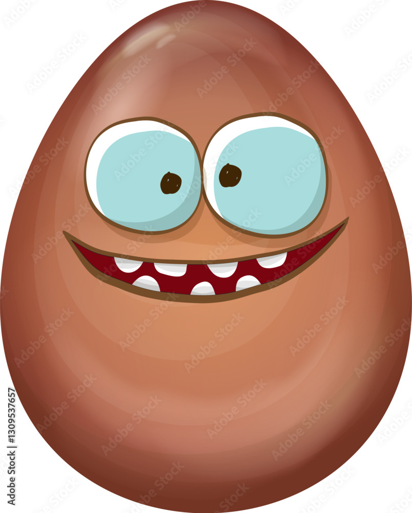 Fototapeta premium Cartoon chocolate easter egg character isolated on white background. Smiling Egg vector concept illustration. funky sweet chocolate easter character with eyes and mouth. Vector sticker and banner