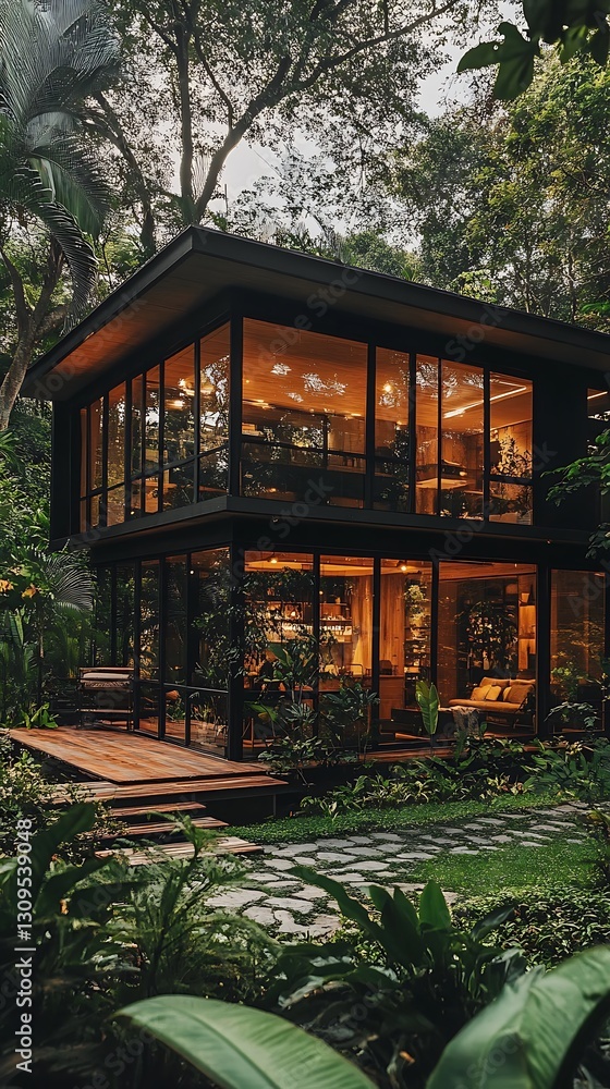 Naklejka premium Modern glass house in lush forest.