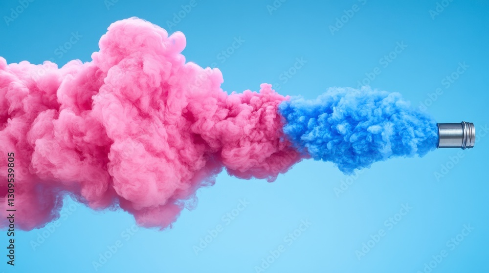 Fototapeta premium Pink and blue paint clouds emerge from a metallic cylinder against a light blue background. Abstract art, color explosion, dynamic, vibrant.