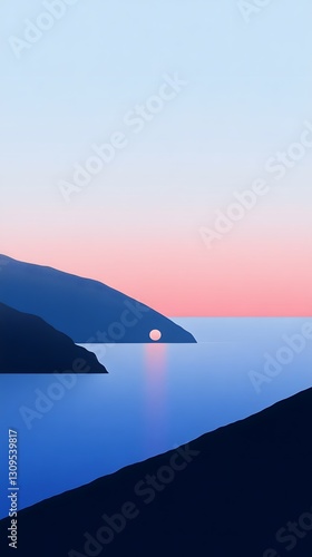 A stylized landscape features mountains and the setting sun over water