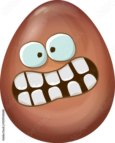 Cartoon chocolate easter egg character isolated on white background. Smiling Egg vector concept illustration. funky sweet chocolate easter character with eyes and mouth. Vector sticker and banner