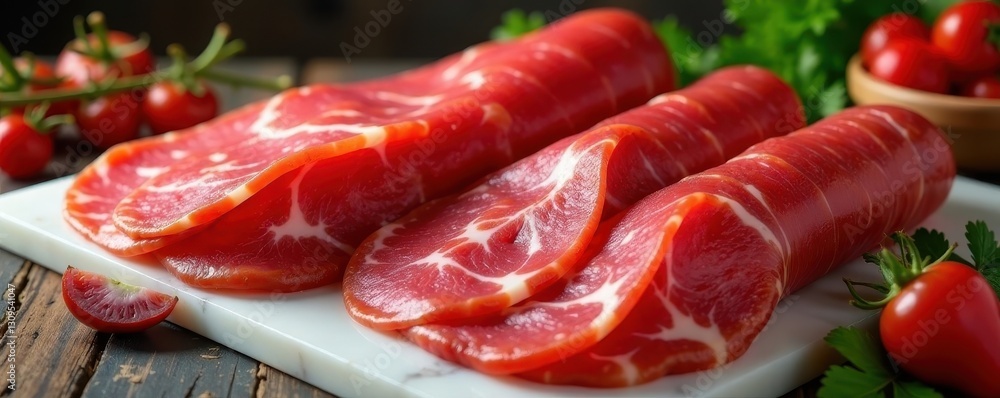 Gleaming cured meats displayed on marble slabs, texture, luxury, asian Gleaming cured meats displayed on marble slabs, texture, luxury, asian