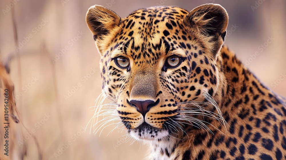 Obraz premium Close-up of a regal leopard face piercing stare sharp details against a soft-focus savanna background cinematic composition 