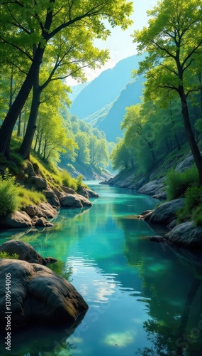 Majestic trees frame a crystal-clear river; birdsong fills the air , nature, woodland, nature scene
