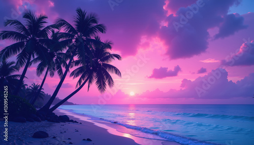 Fototapeta Naklejka Na Ścianę i Meble -  A serene tropical beach at sunset with palm trees silhouetted against a vibrant pink and purple sky.