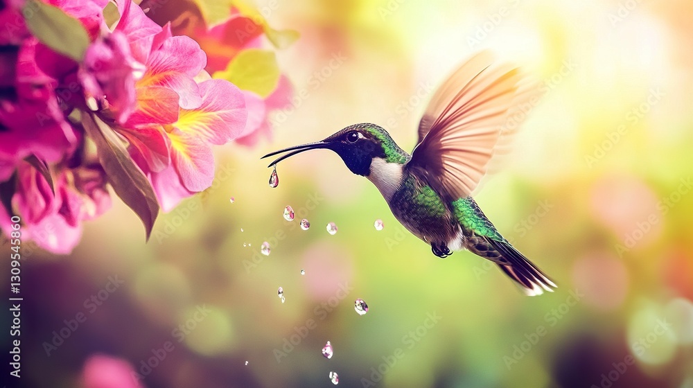 Naklejka premium Colorful hummingbird in sharp focus wings beating rapidly as it drinks from falling droplets vivid floral background cinematic tone