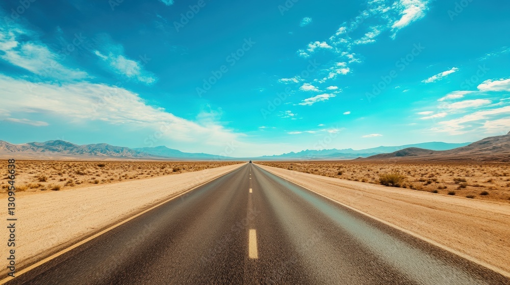 A long, empty road stretches across a desert landscape A long, empty road stretches across a desert landscape