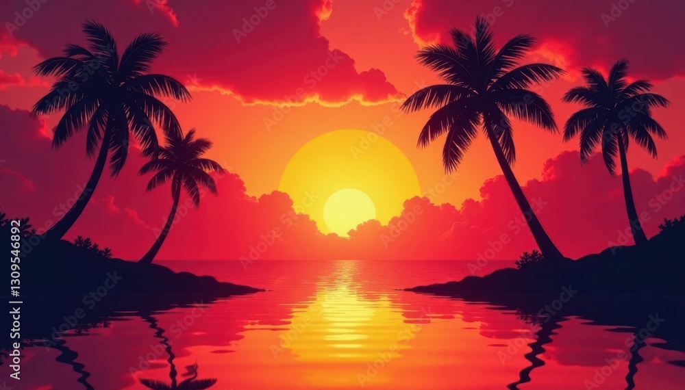 Silhouetted palm trees against a blazing sunset sky mirroring in calm water , beautiful, landscape, beach Silhouetted palm trees against a blazing sunset sky mirroring in calm water , beautiful, landscape, beach