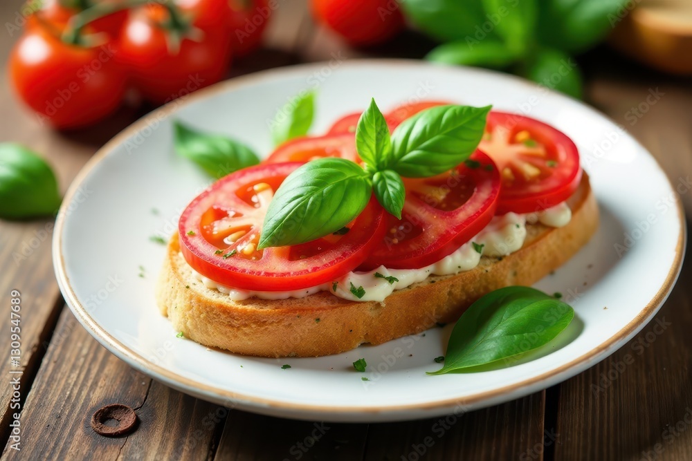 Sliced tomatoes, basil, garlic bruschetta on white plate, recipe, snack, diet Sliced tomatoes, basil, garlic bruschetta on white plate, recipe, snack, diet