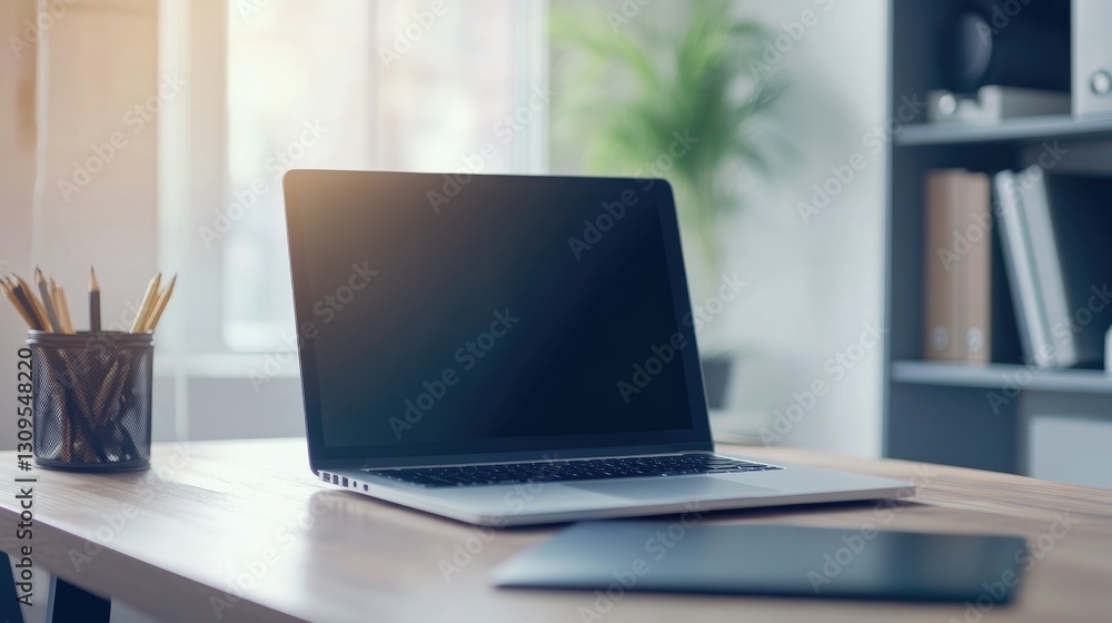 Modern workstation with a sleek laptop and a video conference background. Modern workstation with a sleek laptop and a video conference background.
