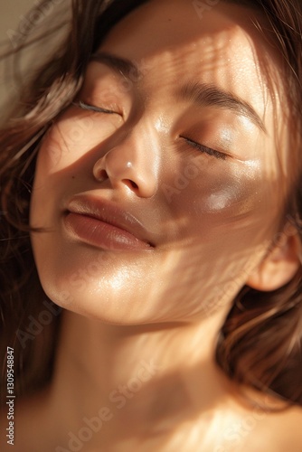 Close-up of a young woman's face, bathed in warm, golden sunlight. Her eyes are closed, and she appears serene and peaceful.