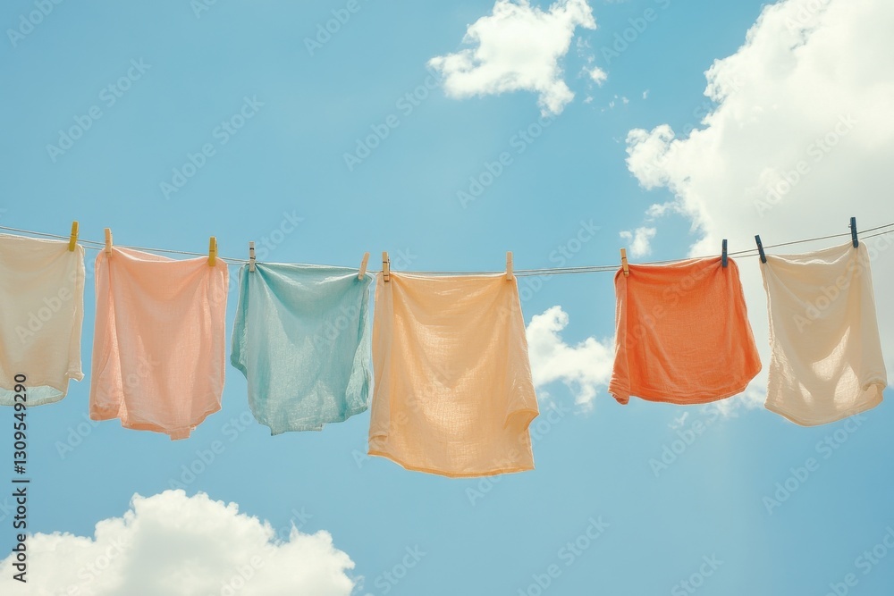 Brightly colored laundry hangs on a clothesline under a sunny sky with fluffy clouds during a beautiful afternoon Brightly colored laundry hangs on a clothesline under a sunny sky with fluffy clouds during a beautiful afternoon