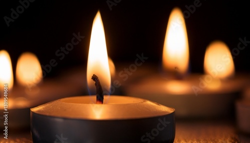 close-up of burning candles in the dark