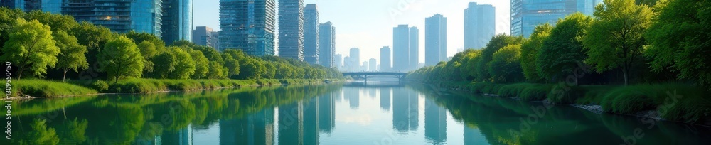 Tranquil river reflecting towering glass buildings, vibrant greenery, peaceful, green Tranquil river reflecting towering glass buildings, vibrant greenery, peaceful, green