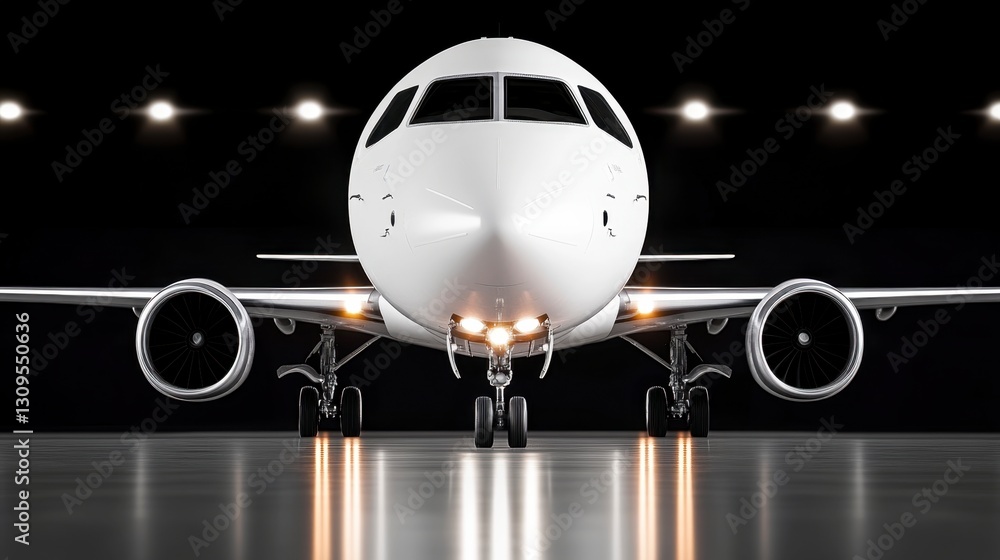 Fototapeta premium White private jet parked in a hangar at night, illuminated by spotlights. The aircraft is sleek and modern, reflecting light on the polished floor. Image showcases detailed view of the plane's front.