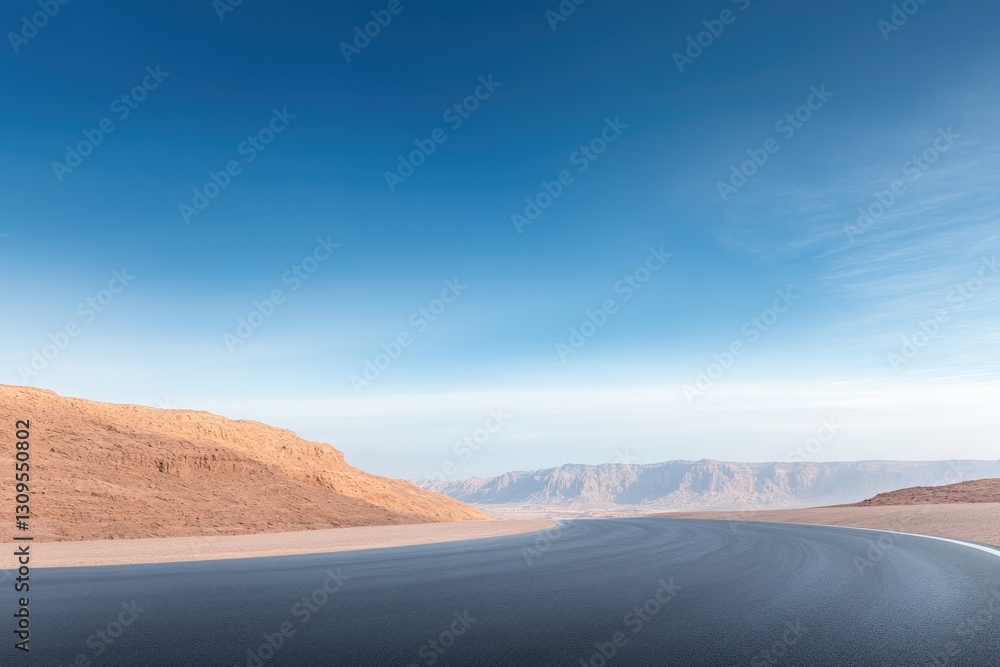 Naklejka premium scenic road winds through vast desert landscapes under clear blue skies traveler explores limitless horizons