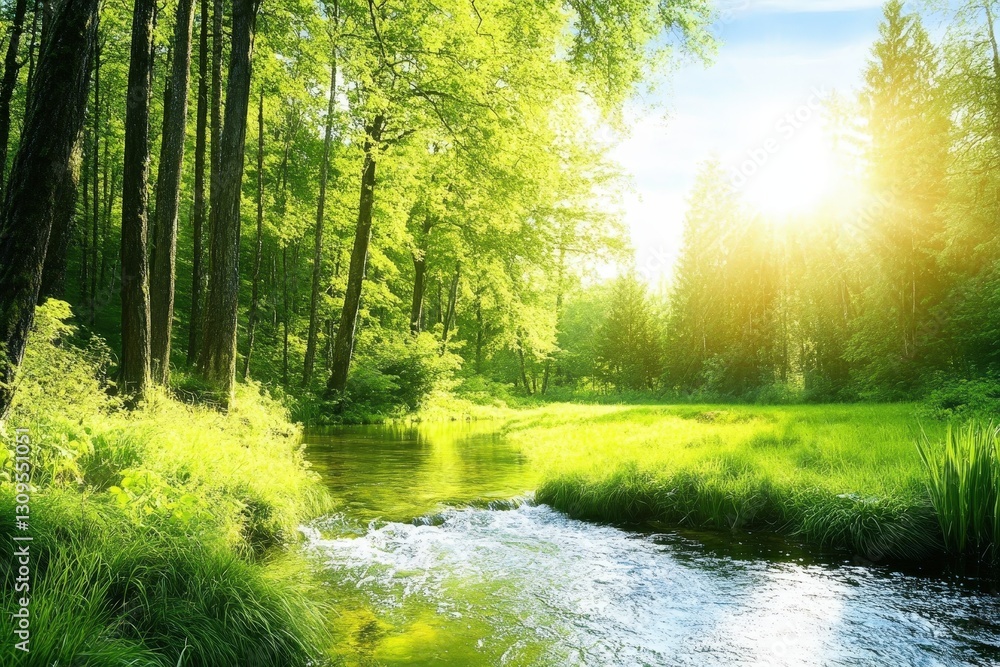 Fototapeta premium A serene landscape featuring vibrant greenery, a flowing stream, and sunlight filtering through tall trees, creating a tranquil atmosphere.