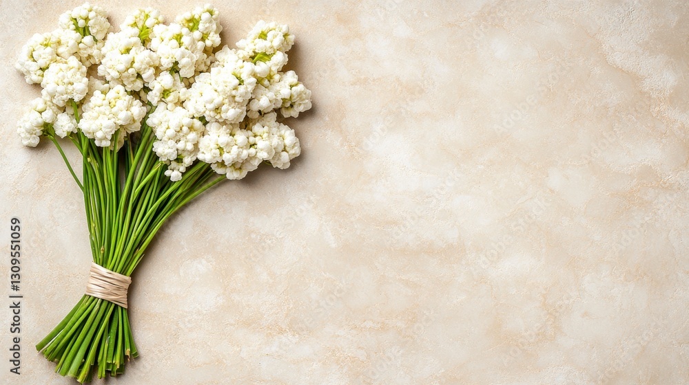 Overhead view of a small bouquet of white flowers tied with twine on a beige background. Plenty of copy space. Overhead view of a small bouquet of white flowers tied with twine on a beige background. Plenty of copy space.