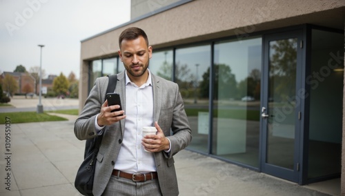 A man in a suit-troika is walking down the street, drinking coffee and checking his phone.