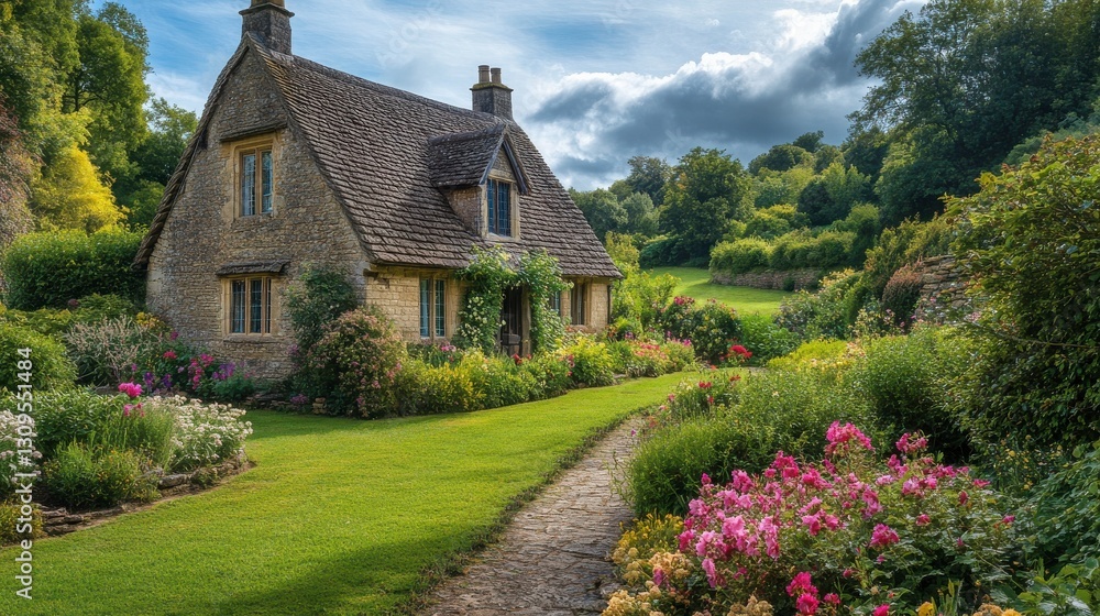 Fototapeta premium A charming stone cottage surrounded by vibrant gardens and lush greenery under a partly cloudy sky.